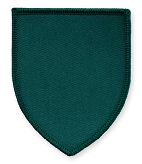 Pack of 25 Bottle Green Shield Badges with Heatseal (choice of edging colour)